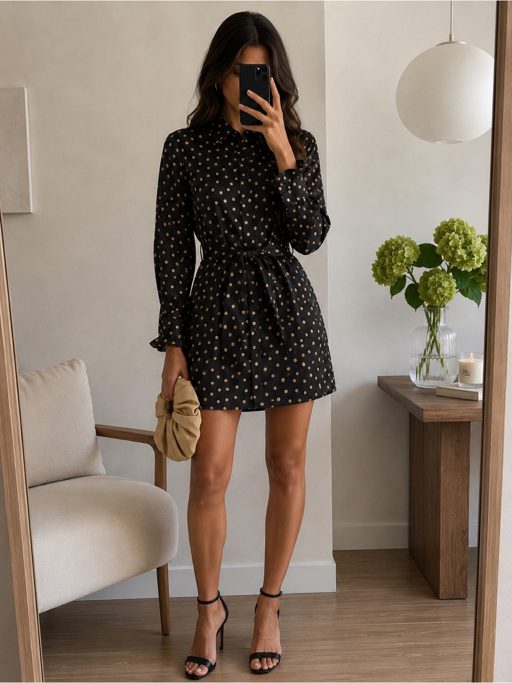 Max Mara Silk Polka Dot Shirt Dress Black Gold Belted Cufflink Sleeves It34 Nwt